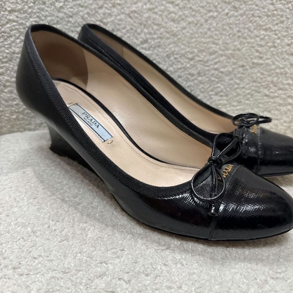 PRADA SAFFIANO Leather Logo Bow Tie Wedges - Picture 2 of 8